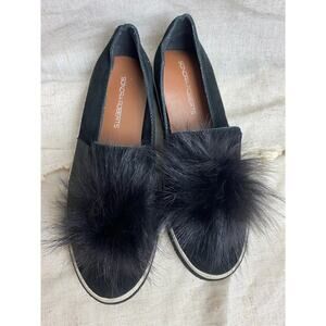 Sondra Roberts Romy Leather Upper Real Fur Trim Black Loafers Size 9